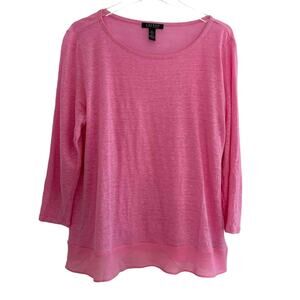 Lauren Ralph Lauren Linen Top Women Large Pink 3/4 Sleeve Scoop Neck Sheer Inlay